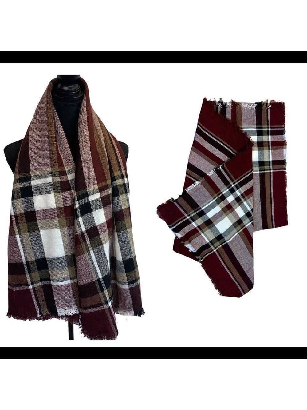 Maroon brown black white plaid check soft fall winter blanket scarf